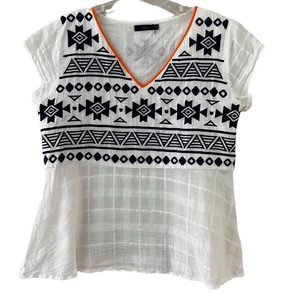 THML Aztec Embroidery White/Navy Boho Gauzy Blouse. V neck. Size M